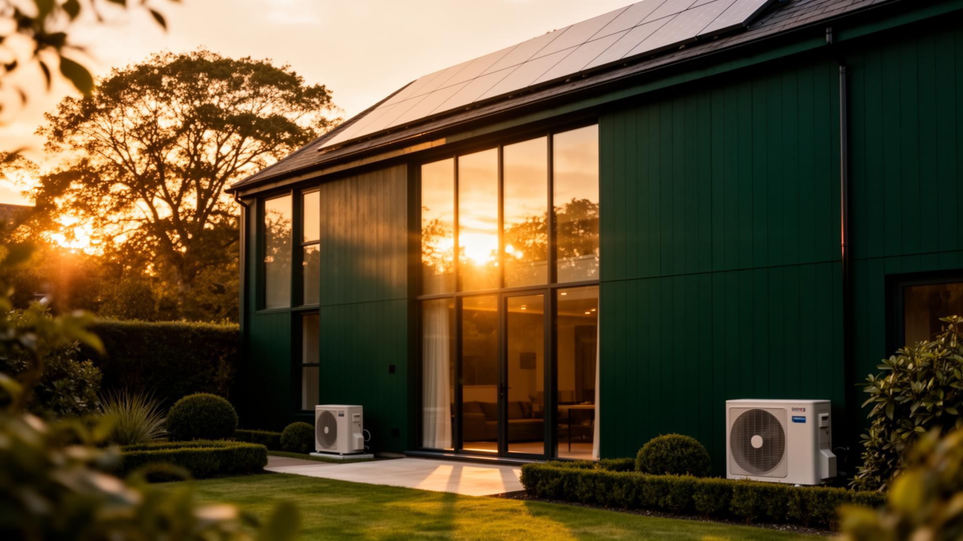 Stylish modern home with solar panels and air source heat pump at golden hour