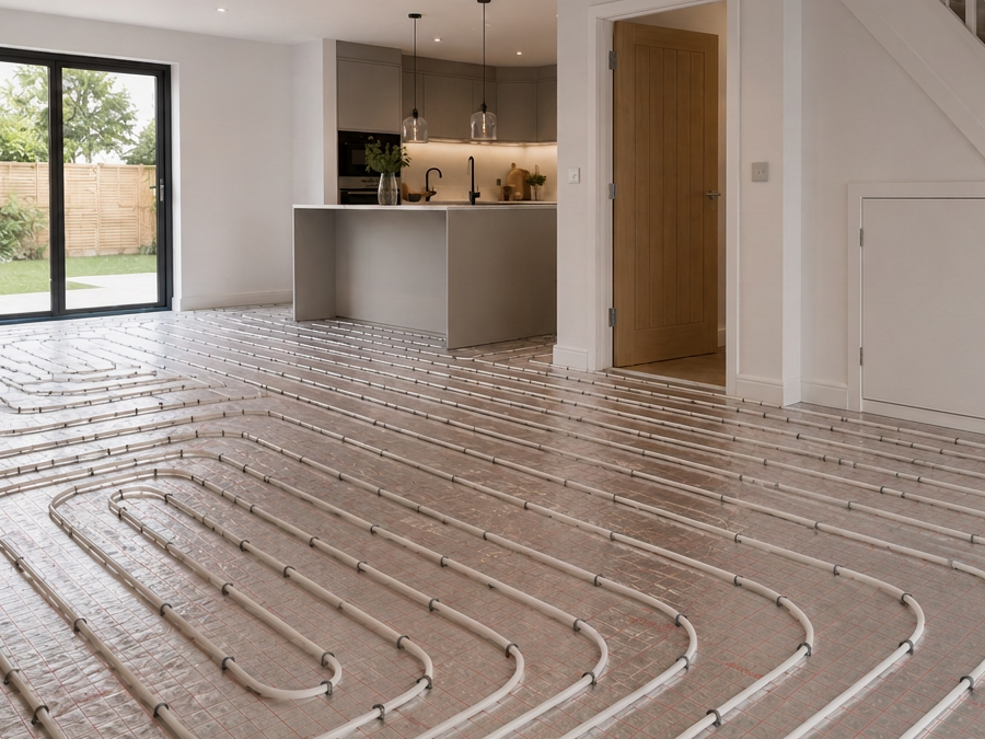 Underfloor heating pipework laid across the floor of a modern open-plan home