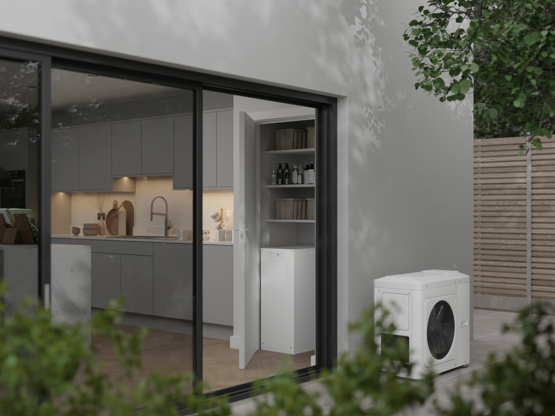 Air source heat pump installed outside a modern home